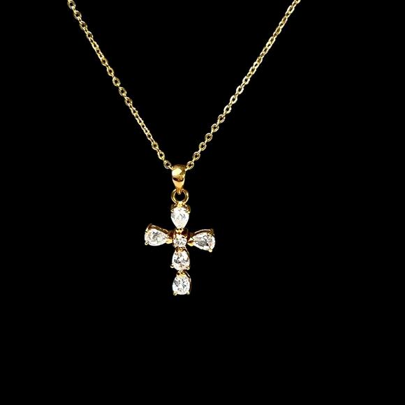 Cross Pendant Necklace Rhinestones Open Back Delicate Goldtone Chain Elegant 15" - Picture 10 of 15